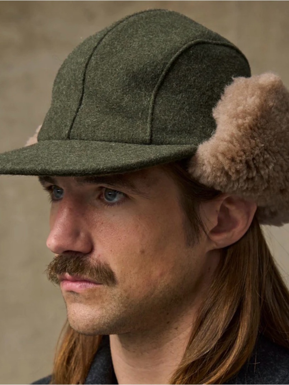 Filson Olive Green Wool Cap with Tan Shearling Earflaps